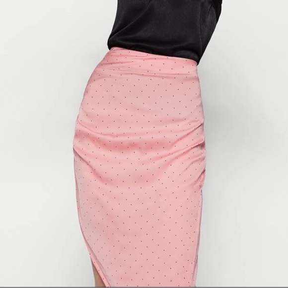 BCBGeneration Pink Watermelon Polka Dot Ruched Slip Asymmetric Skirt - Picture 3 of 5